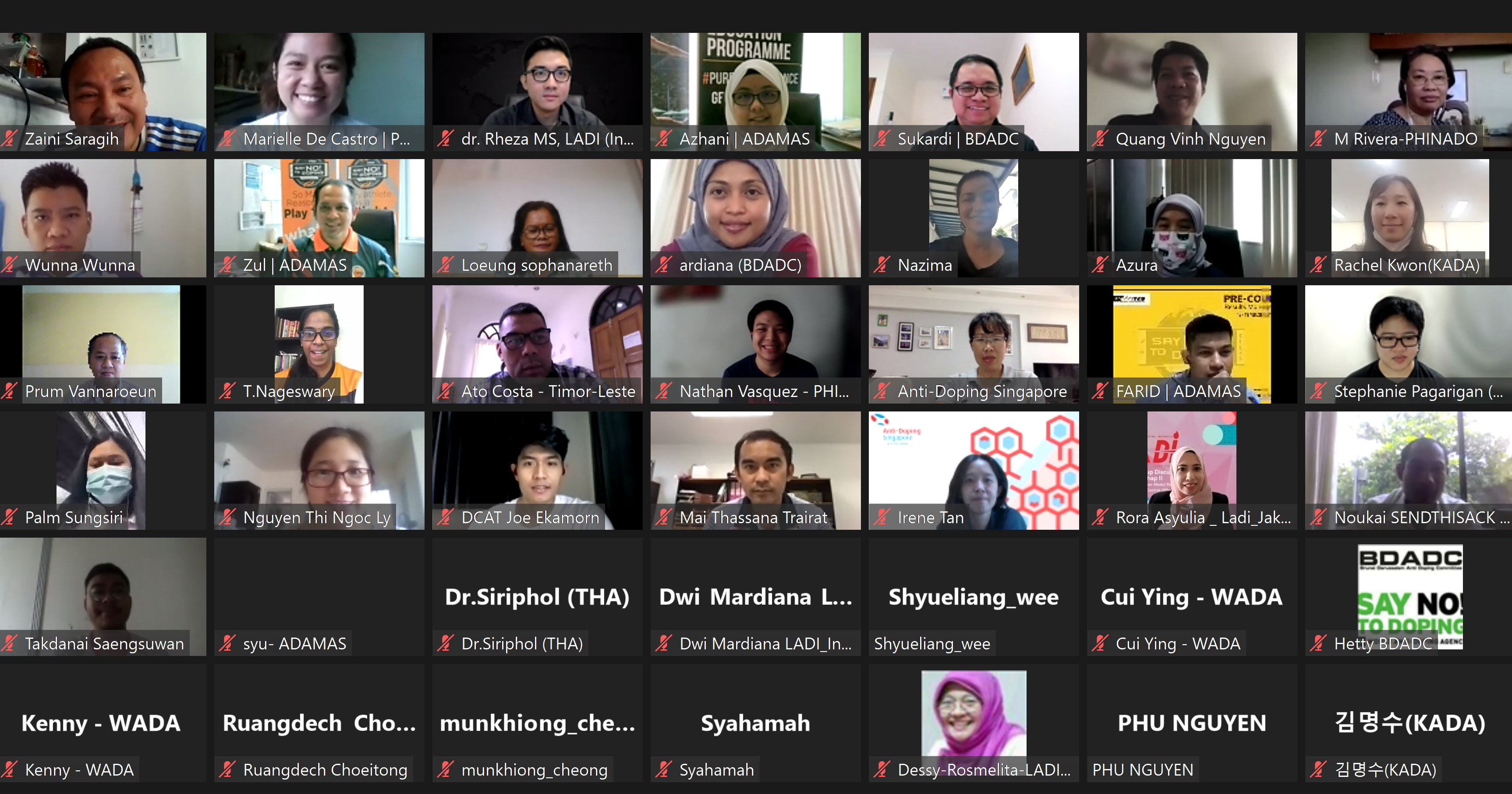 A video call grid showing about 35 participants with name labels, some from organizations like WADA, ADAMAS, and BDADC.